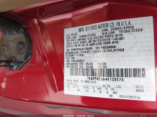 2004 Ford Mustang Gt მანქანა იყიდება აუქციონზე, vin: 1FAFP45X64F128576, აუქციონის ნომერი: 46242427
