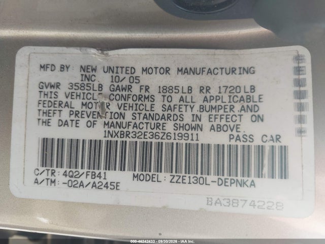 Продаж на аукціоні авто 2006 Toyota Corolla Le, vin: 1NXBR32E36Z619911, номер лоту: 46242433