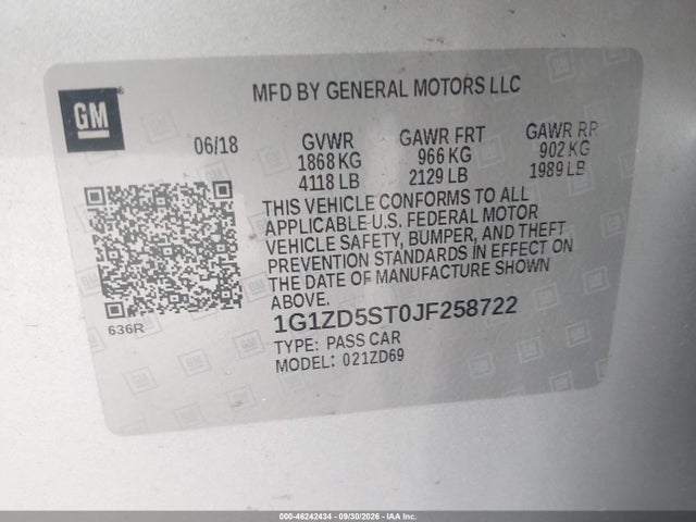 2018 Chevrolet Malibu Lt მანქანა იყიდება აუქციონზე, vin: 1G1ZD5ST0JF258722, აუქციონის ნომერი: 46242434