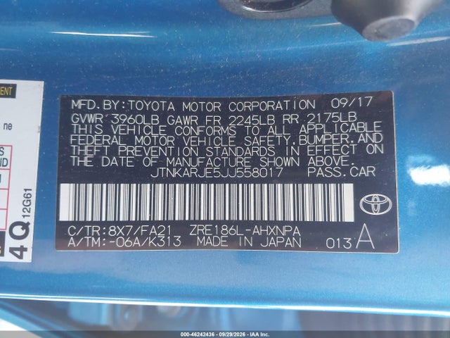 Aukcja sprzedaży 2018 Toyota Corolla Im, vin: JTNKARJE5JJ558017, numer aukcji: 46242436