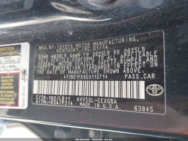 46242450 :رقم المزاد ، 4T1BD1FK6EU112714 vin ، 2014 Toyota Camry Hybrid Xle مزاد بيع