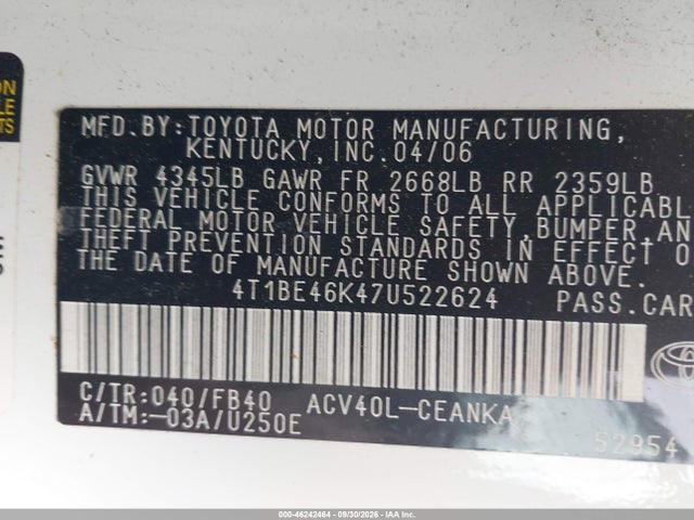 Продажа на аукционе авто 2007 Toyota Camry Le, vin: 4T1BE46K47U522624, номер лота: 46242464
