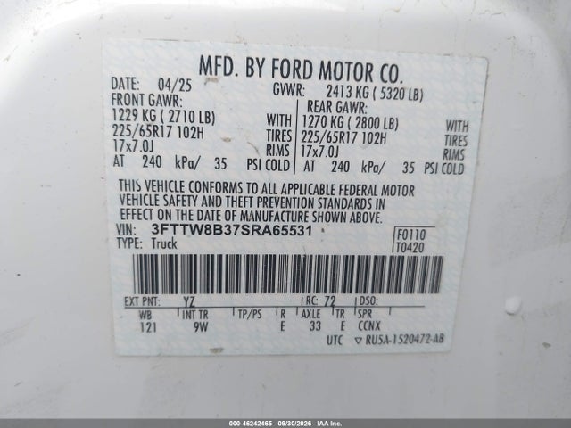 46242465 :رقم المزاد ، 3FTTW8B37SRA65531 vin ، 2025 Ford Maverick Xl مزاد بيع