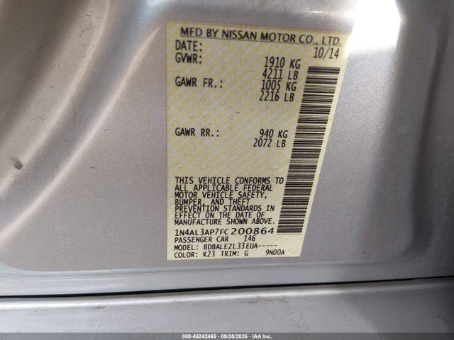 2015 Nissan Altima 2.5/2.5 S/2.5 Sl/2.5 Sv მანქანა იყიდება აუქციონზე, vin: 1N4AL3AP7FC200864, აუქციონის ნომერი: 46242469