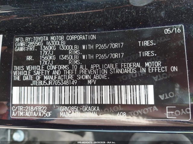 2016 Toyota 4runner Sr5 მანქანა იყიდება აუქციონზე, vin: JTEBU5JR7G5348149, აუქციონის ნომერი: 46242473