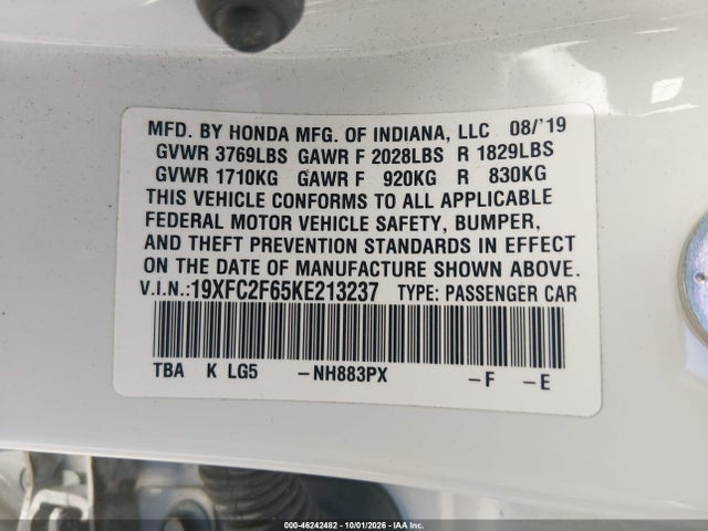 Honda Civic Lx 2019 19XFC2F65KE213237 Image 9