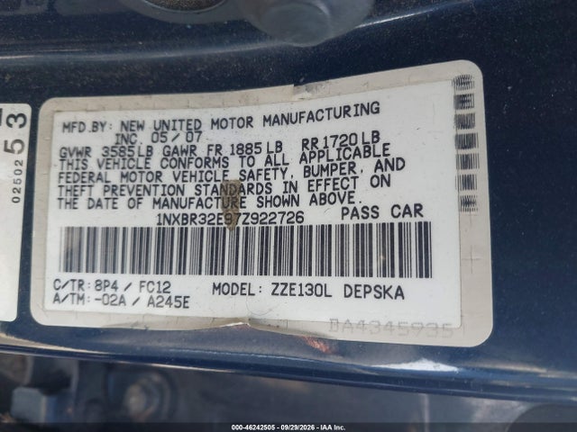 2007 Toyota Corolla S მანქანა იყიდება აუქციონზე, vin: 1NXBR32E97Z922726, აუქციონის ნომერი: 46242505