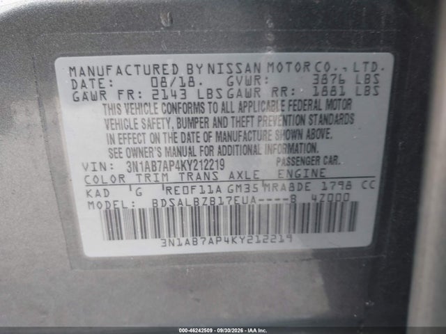 Продажа на аукционе авто 2019 Nissan Sentra S, vin: 3N1AB7AP4KY212219, номер лота: 46242509