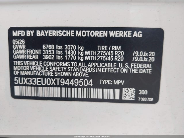 46242526 :رقم المزاد ، 5UX33EU0XT9449504 vin ، 2026 Bmw X5 M60i مزاد بيع