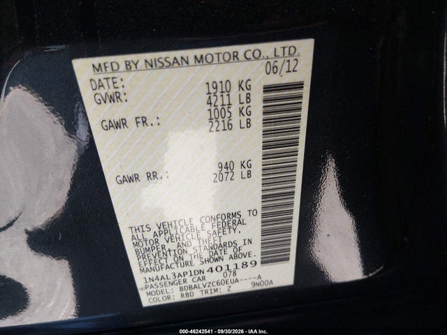 2013 Nissan Altima 2.5 Sl მანქანა იყიდება აუქციონზე, vin: 1N4AL3AP1DN401189, აუქციონის ნომერი: 46242541