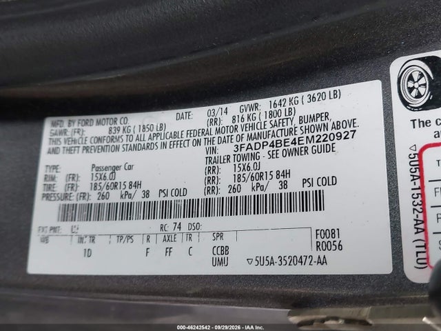 Aukcja sprzedaży 2014 Ford Fiesta Se, vin: 3FADP4BE4EM220927, numer aukcji: 46242542