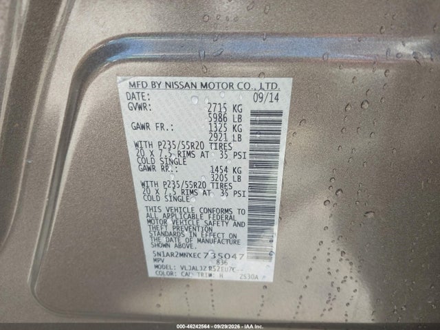 Aukcja sprzedaży 2014 Nissan Pathfinder Platinum, vin: 5N1AR2MNXEC735047, numer aukcji: 46242564