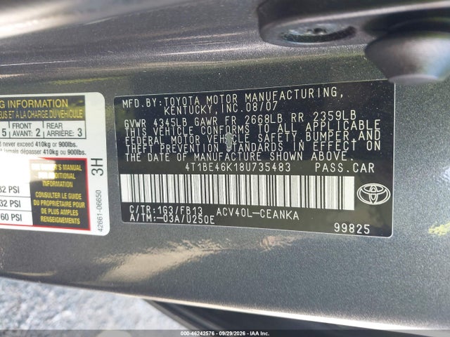 Продаж на аукціоні авто 2008 Toyota Camry Le, vin: 4T1BE46K18U735483, номер лоту: 46242576