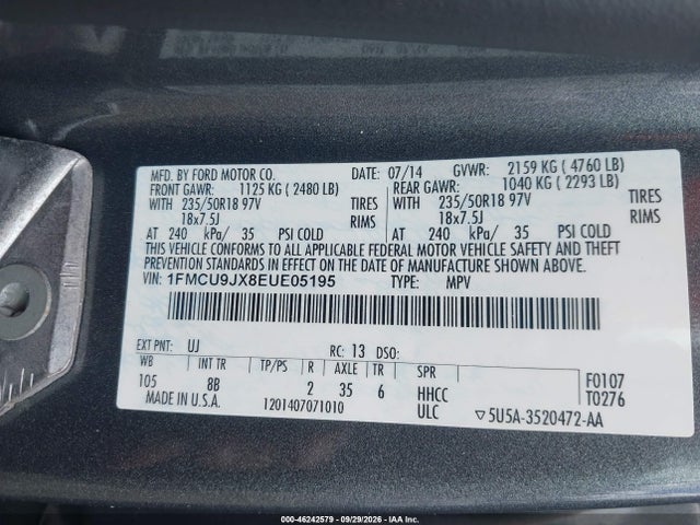 Aukcja sprzedaży 2014 Ford Escape Titanium, vin: 1FMCU9JX8EUE05195, numer aukcji: 46242579