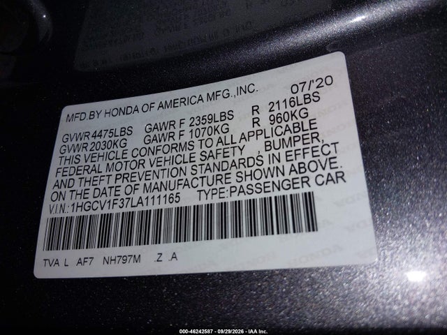 1HGCV1F37LA111165 Honda Accord Sport