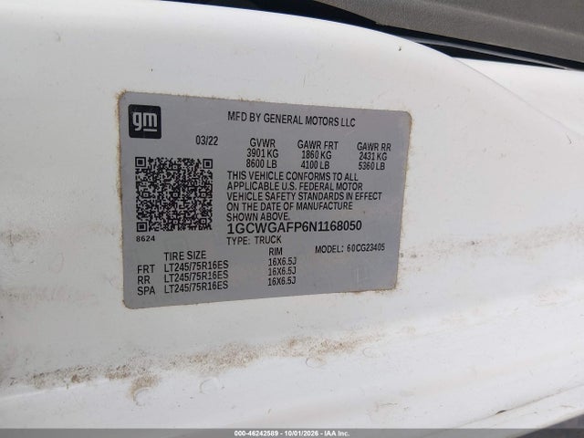 46242589 :رقم المزاد ، 1GCWGAFP6N1168050 vin ، 2022 Chevrolet Express Cargo Rwd 2500 Regular Wheelbase Wt مزاد بيع