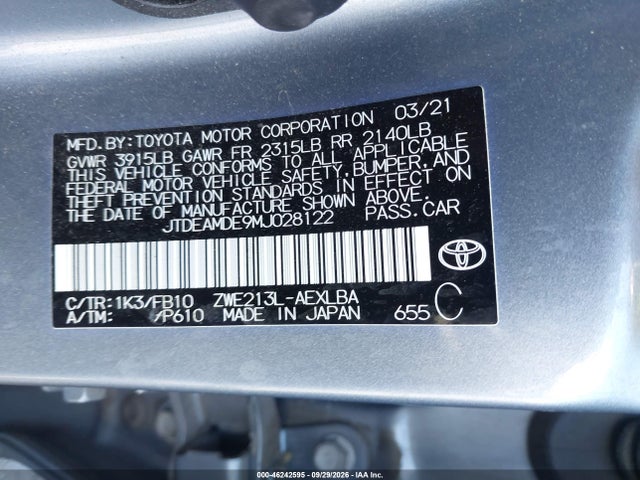 46242595 :رقم المزاد ، JTDEAMDE9MJ028122 vin ، 2021 Toyota Corolla Hybrid Le مزاد بيع