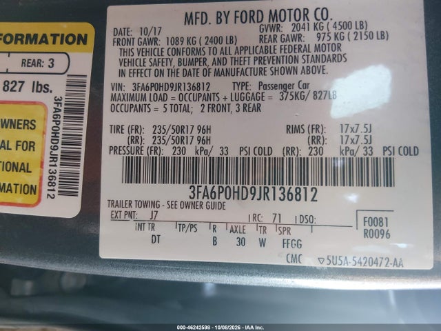 Продаж на аукціоні авто 2018 Ford Fusion Se, vin: 3FA6P0HD9JR136812, номер лоту: 46242598
