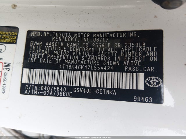 Продажа на аукционе авто 2007 Toyota Camry Le V6, vin: 4T1BK46K17U554424, номер лота: 46242609