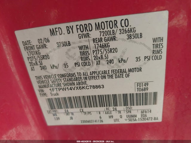 46242618 :رقم المزاد ، 1FTPW14VX6KC78863 vin ، 2006 Ford F-150 Fx4/lariat/xlt مزاد بيع