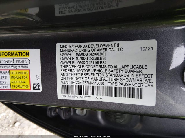 Aukcja sprzedaży 2021 Honda Accord Ex-l, vin: 1HGCV1F57MA113680, numer aukcji: 46242627