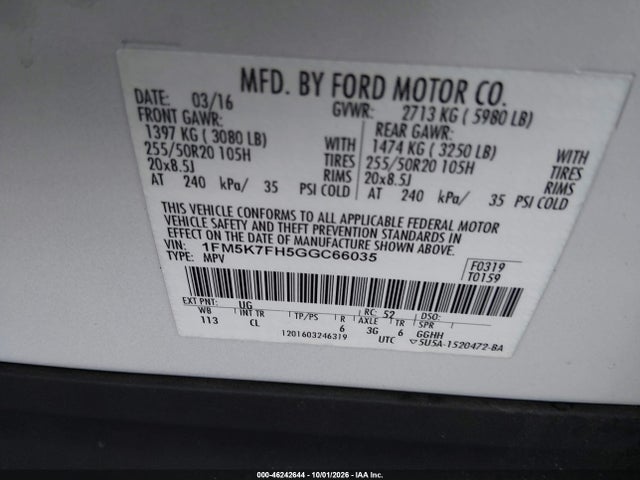 2016 Ford Explorer Limited მანქანა იყიდება აუქციონზე, vin: 1FM5K7FH5GGC66035, აუქციონის ნომერი: 46242644