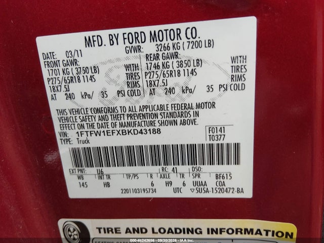 Продажа на аукционе авто 2011 Ford F-150 Lariat, vin: 1FTFW1EFXBKD43188, номер лота: 46242656