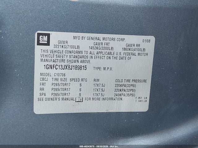 Aukcja sprzedaży 2008 Chevrolet Tahoe Lt, vin: 1GNFC13JX8J189815, numer aukcji: 46242675