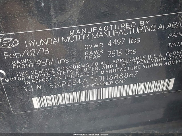 46242686 :رقم المزاد ، 5NPE24AF7JH688867 vin ، 2018 Hyundai Sonata Se مزاد بيع