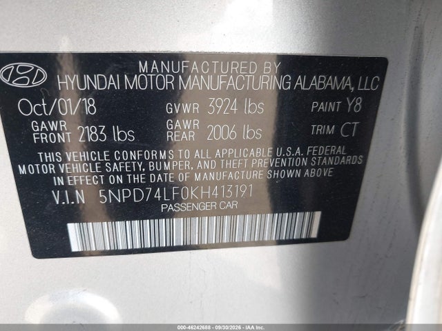 Продажа на аукционе авто 2019 Hyundai Elantra Se, vin: 5NPD74LF0KH413191, номер лота: 46242688
