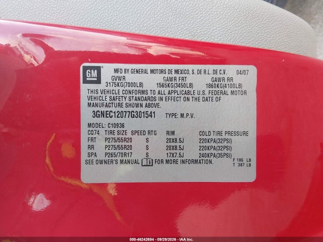 Продажа на аукционе авто 2007 Chevrolet Avalanche 1500 Ltz, vin: 3GNEC12077G301541, номер лота: 46242694