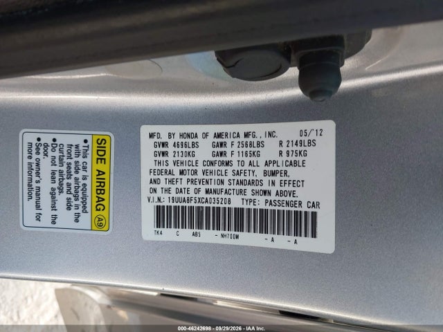 Aukcja sprzedaży 2012 Acura Tl 3.5, vin: 19UUA8F5XCA035208, numer aukcji: 46242698