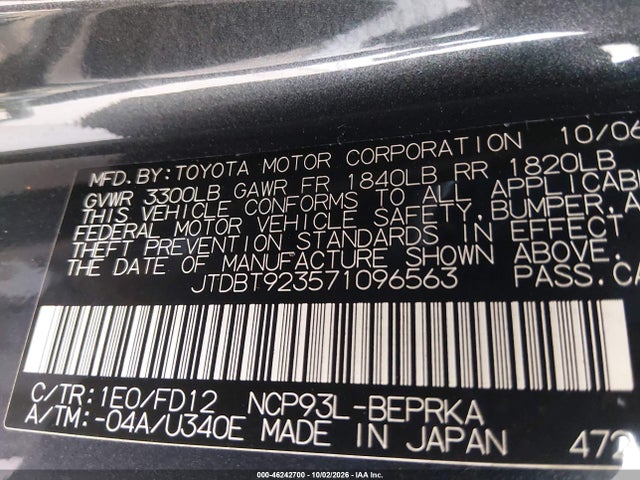 46242700 :رقم المزاد ، JTDBT923571096563 vin ، 2007 Toyota Yaris مزاد بيع