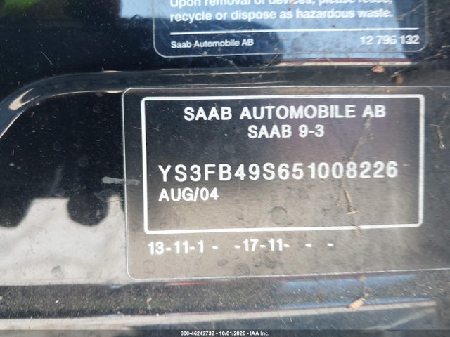 Продажа на аукционе авто 2005 Saab 9-3 Linear, vin: YS3FB49S651008226, номер лота: 46242732
