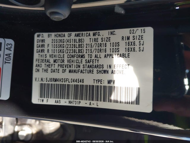 Продаж на аукціоні авто 2015 Honda Cr-v Lx, vin: 5J6RM4H35FL044546, номер лоту: 46242743