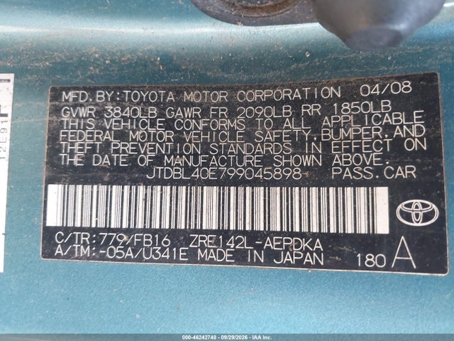 46242748 :رقم المزاد ، JTDBL40E799045898 vin ، 2009 Toyota Corolla Le مزاد بيع