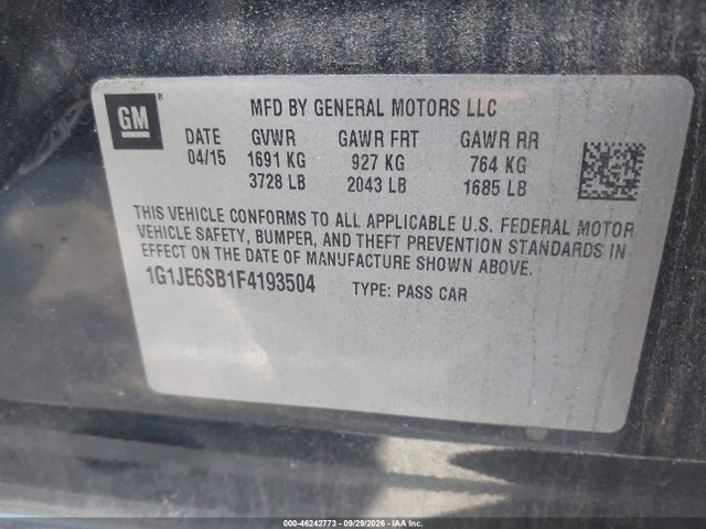 2015 Chevrolet Sonic Ltz Auto მანქანა იყიდება აუქციონზე, vin: 1G1JE6SB1F4193504, აუქციონის ნომერი: 46242773