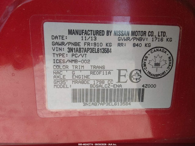 Продажа на аукционе авто 2014 Nissan Sentra Fe+ S/fe+ Sv/s/sl/sr/sv, vin: 3N1AB7AP3EL613584, номер лота: 46242774