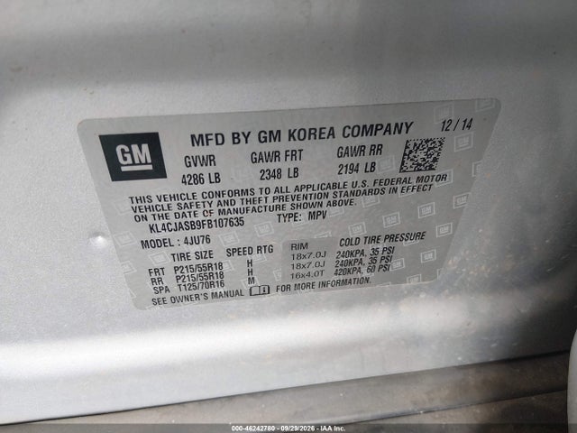 2015 Buick Encore მანქანა იყიდება აუქციონზე, vin: KL4CJASB9FB107635, აუქციონის ნომერი: 46242780