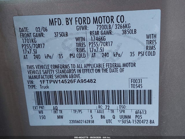 Продажа на аукционе авто 2006 Ford F-150 Fx4/lariat/xlt, vin: 1FTPW14526FA95482, номер лота: 46242779