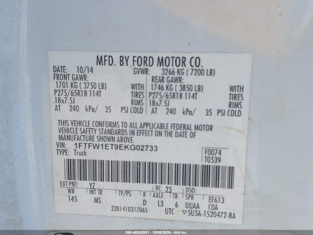 46242801 :رقم المزاد ، 1FTFW1ET9EKG02733 vin ، 2014 Ford F-150 Xlt مزاد بيع