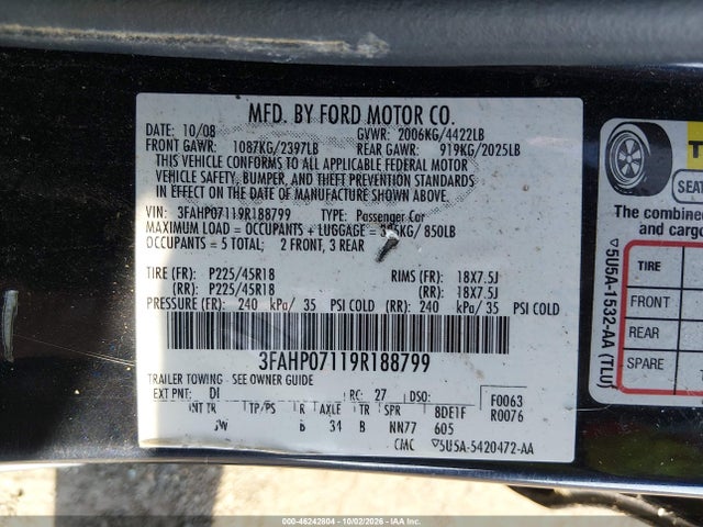 46242804 :رقم المزاد ، 3FAHP07119R188799 vin ، 2009 Ford Fusion Se مزاد بيع