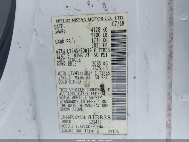 46242822 :رقم المزاد ، 1N6BF0KY6JN813838 vin ، 2018 Nissan Nv Cargo Nv2500 Hd Sv V6 مزاد بيع