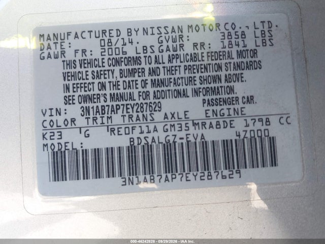 46242828 :رقم المزاد ، 3N1AB7AP7EY287629 vin ، 2014 Nissan Sentra Sl مزاد بيع