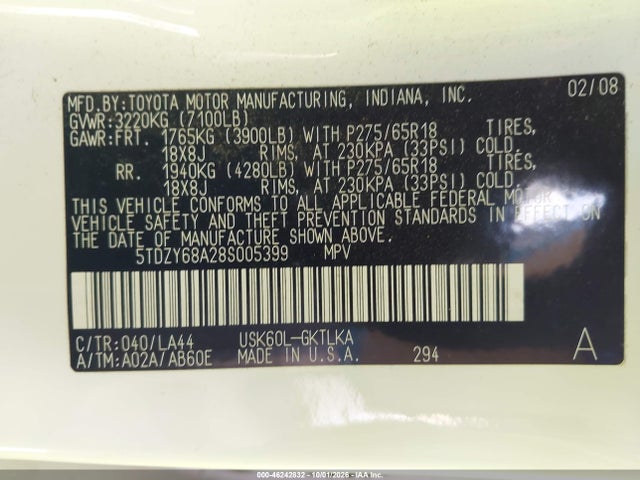 Продаж на аукціоні авто 2008 Toyota Sequoia Limited 5.7l V8, vin: 5TDZY68A28S005399, номер лоту: 46242832