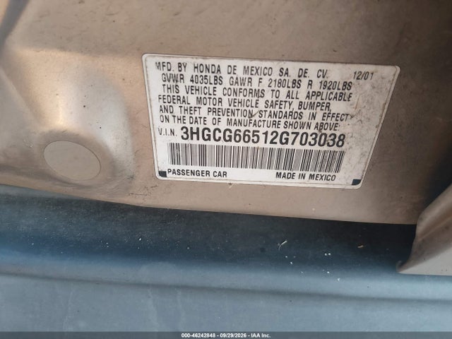 Продажа на аукционе авто 2002 Honda Accord 2.3 Lx, vin: 3HGCG66512G703038, номер лота: 46242848