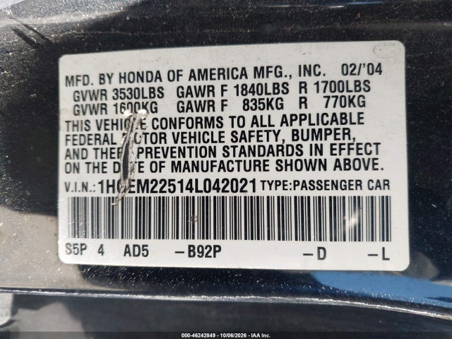 2004 Honda Civic Lx მანქანა იყიდება აუქციონზე, vin: 1HGEM22514L042021, აუქციონის ნომერი: 46242849