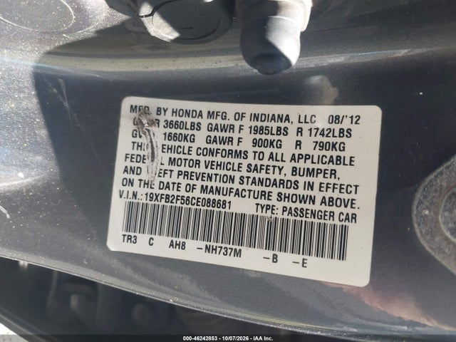 Aukcja sprzedaży 2012 Honda Civic Lx, vin: 19XFB2F56CE088681, numer aukcji: 46242853
