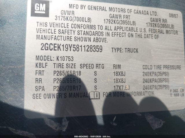 Aukcja sprzedaży 2008 Chevrolet Silverado 1500 Lt1, vin: 2GCEK19Y581128359, numer aukcji: 46242882