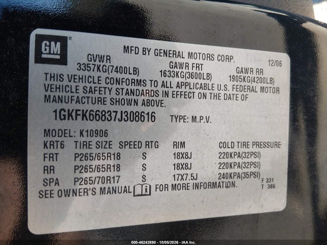46242890 :رقم المزاد ، 1GKFK66837J308616 vin ، 2007 Gmc Yukon Xl Denali مزاد بيع